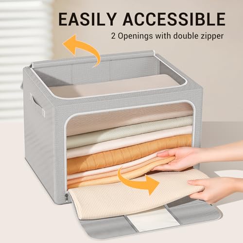 Light Gray Foldable Clothes Storage Bins with Metal Frame 66L - 3 Pack