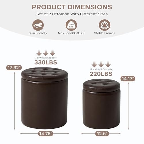 Oakvivo Set of 2 Storage Ottomans - Space Saving Nesting Ottoman for Bedroom & Living Room, Coffee & Footstool, 14.8"D x 14.8"W x 17.3"H