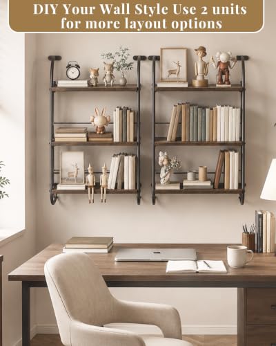 3-Tier Floating Wall Shelves - Rustic Wood Ladder Shelf, 16 Inch Brown