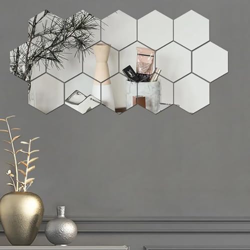 24pcs Silver Hexagon Mirror Acrylic Wall Stickers with Adhesive Art Decal Satin Paper Baby Kids Bedroom Home DIY Decor Removable Stickers (Hexagon Silver)