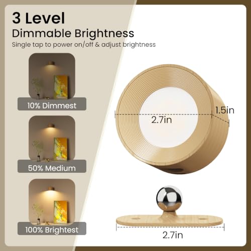 Rechargeable LED Wall Sconce with Remote - Wood Grain, 3 Brightness Levels, 360° Swivel - Wood-C