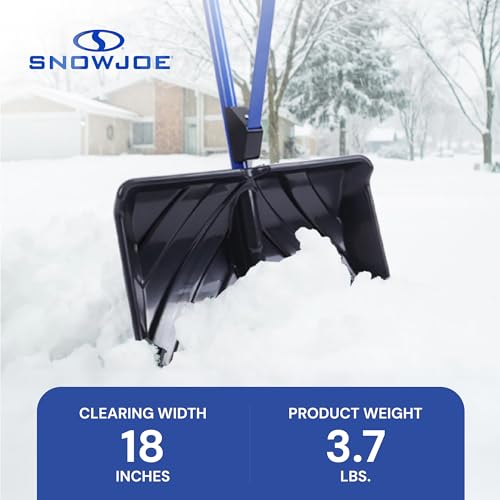 Snow Shovel with Spring-Assist Handle - 18-Inch Poly Blade, Strain-Reducing Ergonomic Design - Blue, 50 Inch Total Height