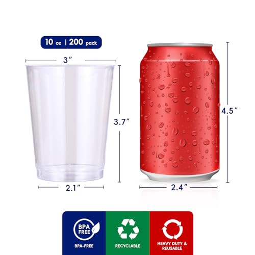 Disposable Clear Plastic Cups 10 oz - Pack of 200 - Elegant & Durable