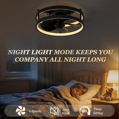 Zoruny 13" Small Low Profile Ceiling Fan with Light & Remote - Black