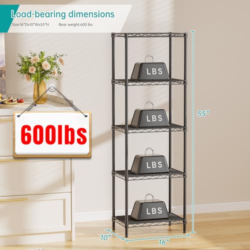 SINGAYE Black 5-Tier Metal Wire Shelving Unit, Adjustable Storage Shelf 10"D x 16"W x 55"H