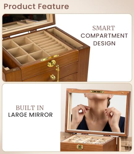 Wood Jewelry Box Organizer with Lockable Drawers & Mirror - 5-Drawer Storage