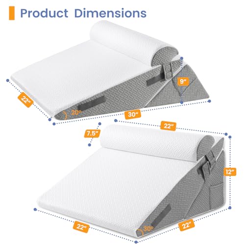 Sasttie Adjustable Wedge Pillow Set for Post-Surgery Support - Dark Grey & White, 9/12 Inch, Includes Head Pillow