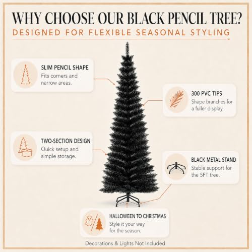 DONGVIBEY Black 5FT Unlit Artificial Pencil Christmas Tree for Small Spaces