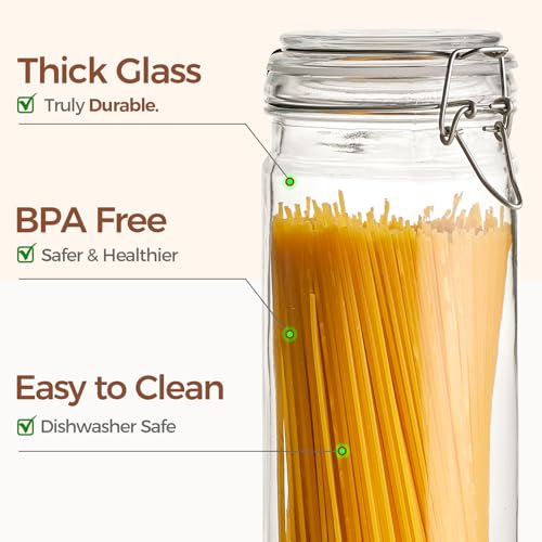 ComSaf Tall Glass Pasta Storage Containers 68 oz 3-Pack with Airtight Lids - 13 Inch Long Noodle Canisters