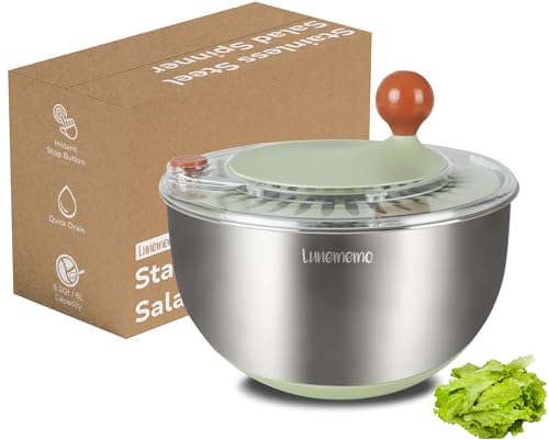 Lunememo Stainless Steel Salad Spinner, BPA Free, Quick Dry & Stop,