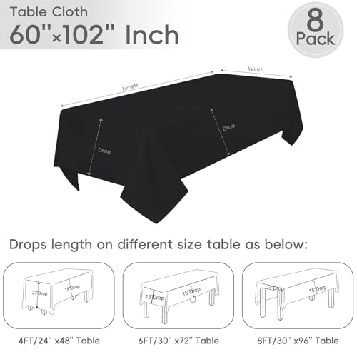 Black Tablecloth 8 Pack - 60 x 102 Inch Polyester Rectangular Cover for 6ft Tables - Wrinkle Resistant & Washable