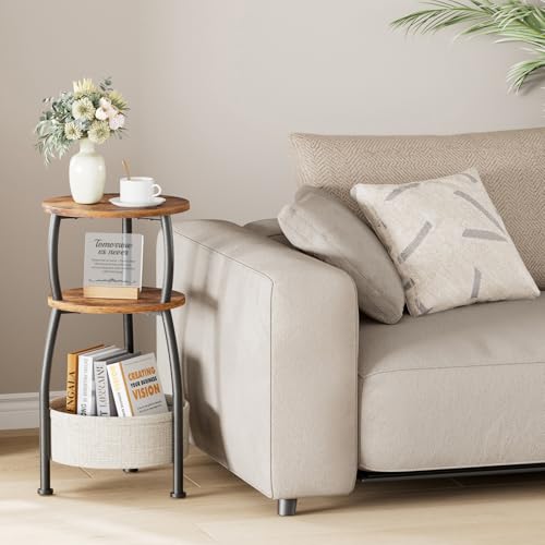 Yuede Rustic Brown 11.81in Round Side Table with Storage Basket - Small Space Organizer
