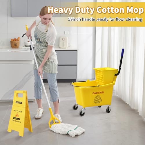 35 Quart Commercial Mop Bucket with Wringer on Wheels - Heavy Duty Floor Cleaning