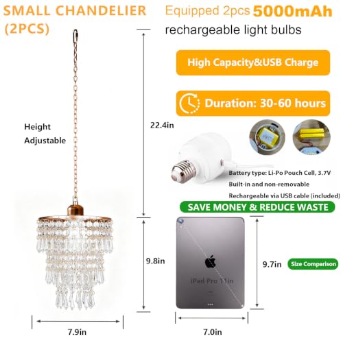 Battery Operated Pendant Light 2 Pack with Remote RGB Dimmable Crystal Hanging Lamp