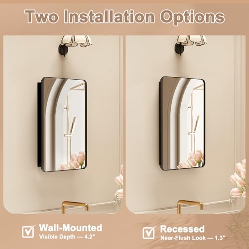 16x24 Inch Recessed or Surface Mount Medicine Cabinet with Mirror - Matte Black, Reversible Door
