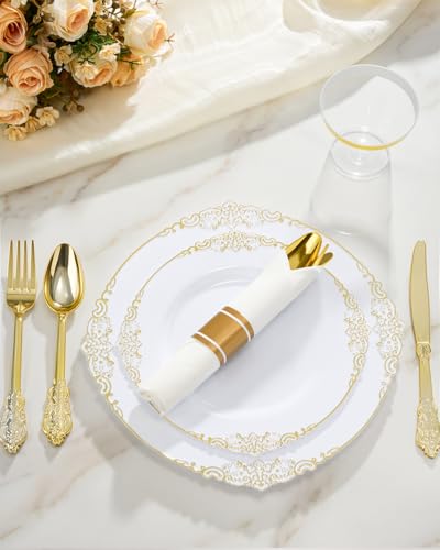 Gold Plastic Dinnerware Set for 50 Guests - Elegant Disposable Party Plates & Utensils