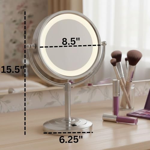Lighted Makeup Mirror with 5X Magnification and Built-In Outlet - Nickel Finish