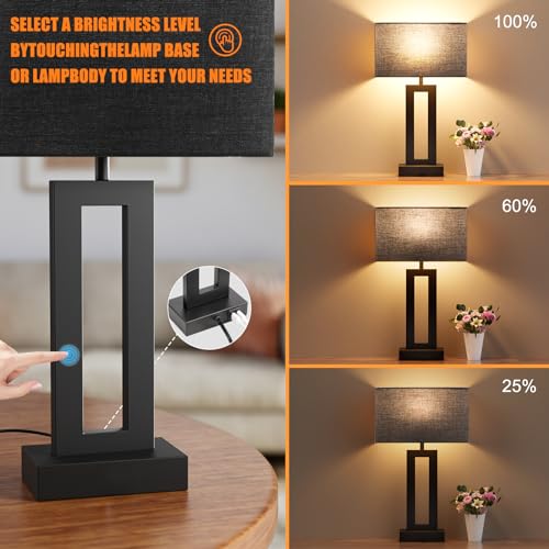 Seealle Medium Set of 2 Nightstand Table Lamps with USB-C & A, 3-Way Dimmable, Black, 19.6in