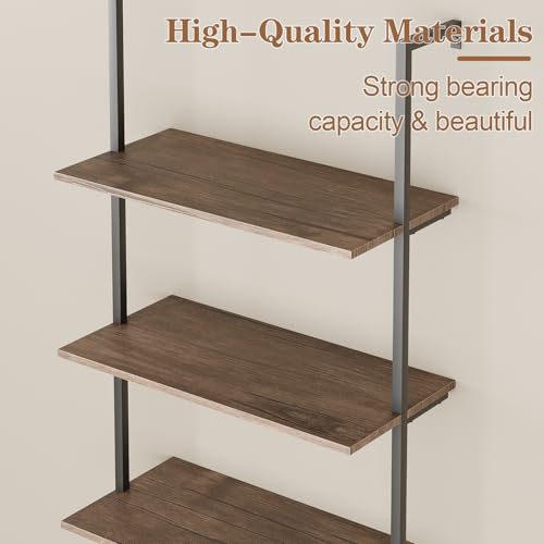 5-Tier Wall-Mounted Ladder Shelf - Brown Industrial Bookshelf, 23.6in