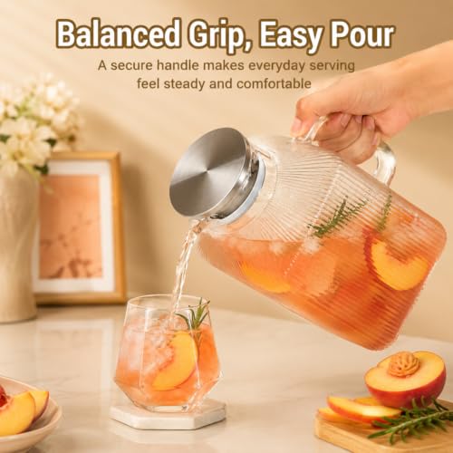 1 Gallon Square Glass Pitcher with Stripes - Borosilicate, Stainless Steel Lid, 135.3 Ounces