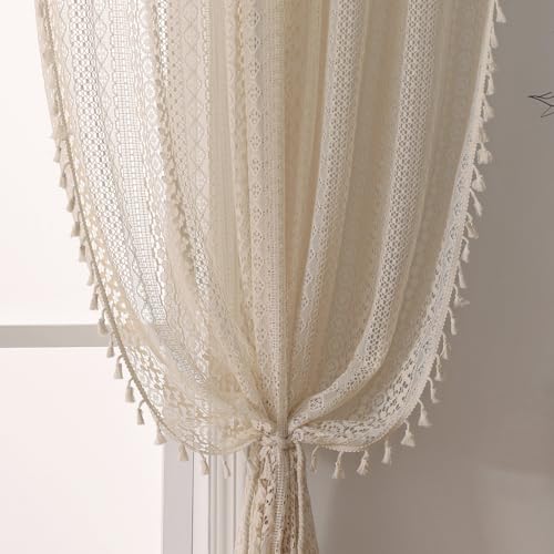 WAZZIO 2-Pack Boho Crochet Lace Curtains 59"W x 84"L Beige Light Filtering Drapes