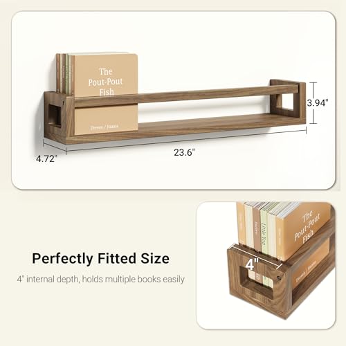 Nursery Wall Book Shelves - Solid Wood Floating Shelves in Walnut Brown, 23.6 Inch - Set of 3