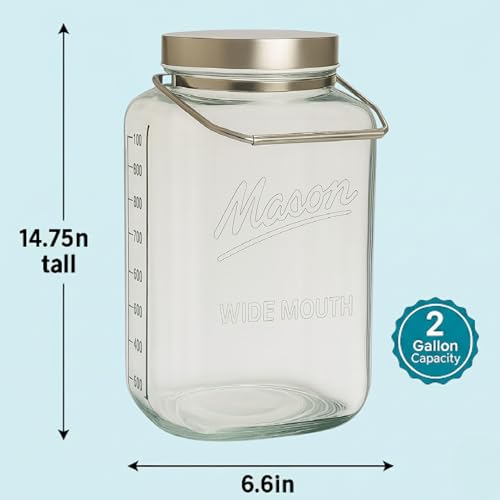 2 Gallon Glass Mason Jar with Airtight Metal Lid & Handle - Bulk Food Storage