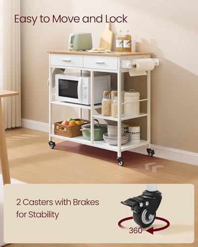 VASAGLE Kitchen Island Cart with Storage, 2 Drawers & Towel Rack - Oak Beige White, 17.7D x 38.8W x 35.4H