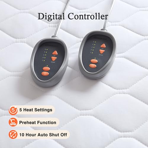 Queen Heated Mattress Pad with Secure Comfort Technology - Cotton Blend, 5-Setting Heat, Deep Pocket