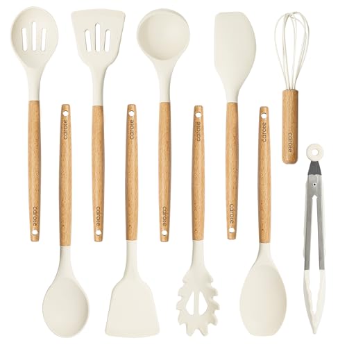 Kitchen Utensils Set with Wooden Handles - 10 Pieces Cream Food-Grade Silicone