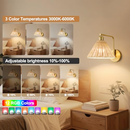 Rattan Rechargeable Wall Sconce Set of 2 - Gold Boho Swing Arm Wall Lights with Remote