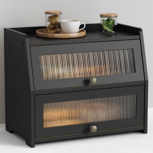 Goozii Black Large Double Layer Bread Box for Kitchen Countertop & Pantry Storage