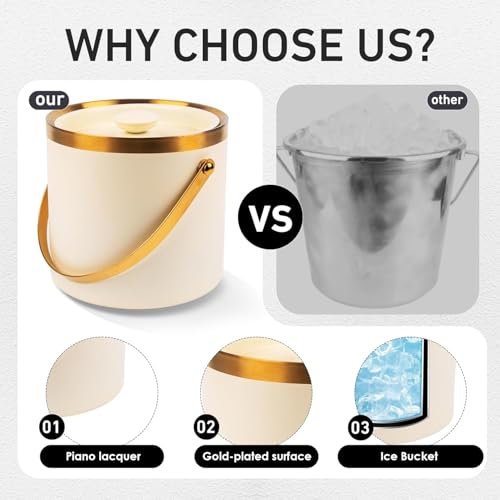 Beige-White 3L Double Wall Insulated Stainless Steel Ice Bucket with Scoop - Party Bar Accessory