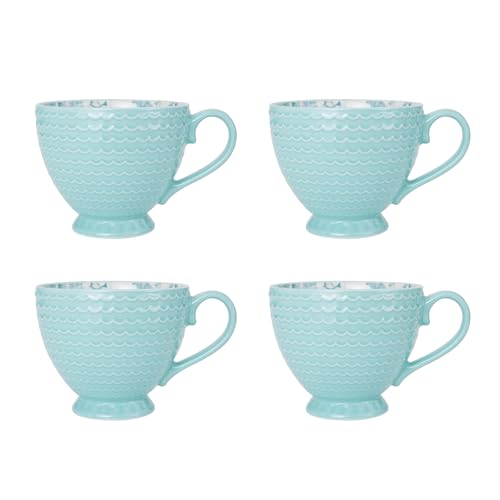 Stoneware Dinnerware Set for 4 - Aqua White Coastal Design, Microwave Safe