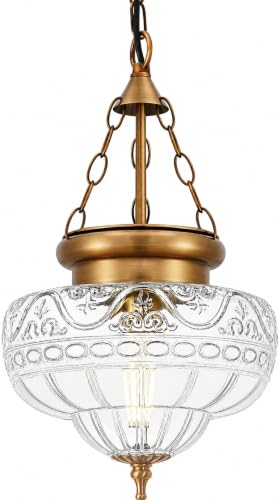 Vintage Brass Pendant Light for Kitchen Island - Textured Glass, 9.5in, Gold & Patterned Glass