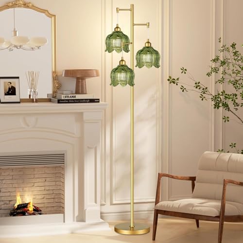 Vintage Floor Lamp with 3 Glass Flower Shades - Tall Gold Mid-Century Modern Standing Lamp with Amber Green Variation