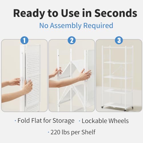 White 5-Tier Folding Storage Shelves with Wheels - No Assembly Needed