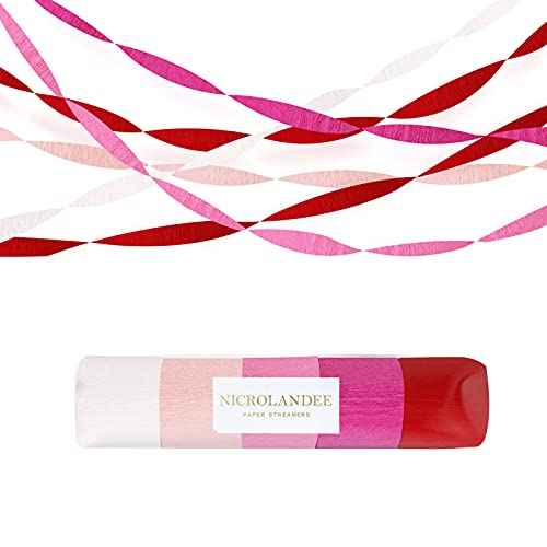 NICROLANDEE 5 Rolls Pink Red White Crepe Paper Streamers for Wedding, Birthday, Valentine's Day Decorations, Bachelorette, Bridal Baby Shower, Backdrop or Photo Booth