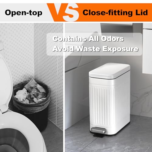 Small Bathroom Trash Can with Soft Close Lid 2.6 Gal Stainless Steel White