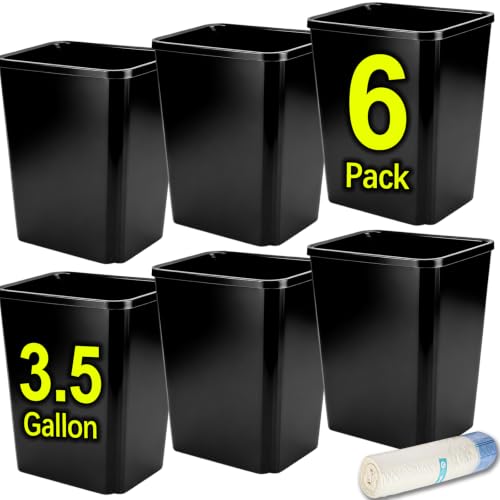 6 Pack Small Plastic Trash Cans - 3.5 Gallon Wastebaskets for Bathroom, Kitchen, Office, Black