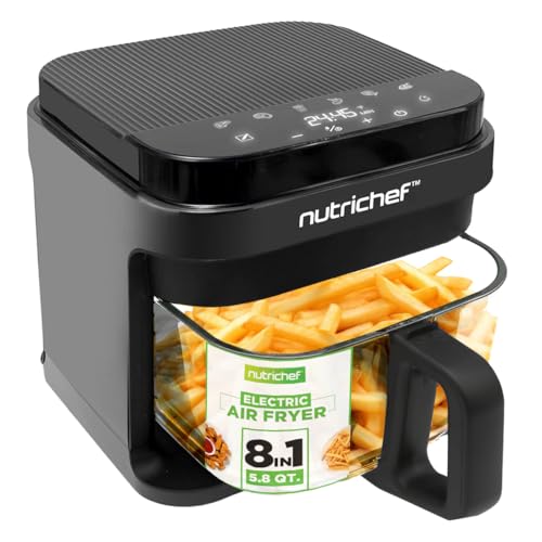 Nutrichef 5.8 Quart Air Fryer Grey - 8 Preset Cooking Modes & Transparent Fry Bowl
