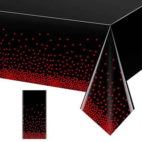 1 Pack Red and Black Dot Plastic Tablecloth, Red Stamping Dot Confetti Rectangle Plastic Disposable Table Cover for Birthday Wedding Baby Shower Engagement Anniversary Party Decorations, 54 x 108 Inch