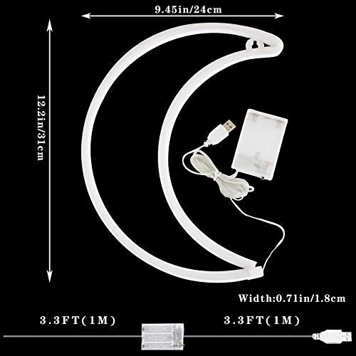 LED Warm White Moon Neon Light, Cute Neon Moon Sign,Christmas Room Decor Battery or USB Powered 5V Art LED Decorative Lights Night Lights Indoor for Home, Bedroom, Office,Dorm,Party (Warm White Moon)