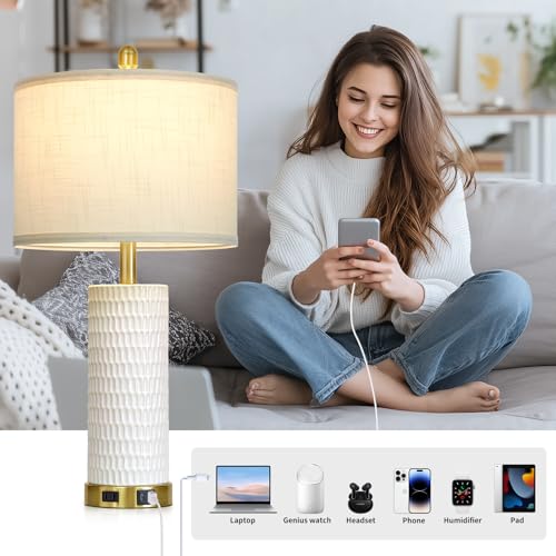 White Ceramic 3-Way Dimmable Touch Table Lamp Set of 2 - Rustic Farmhouse Nightstand with USB & Outlets - Variation White-1