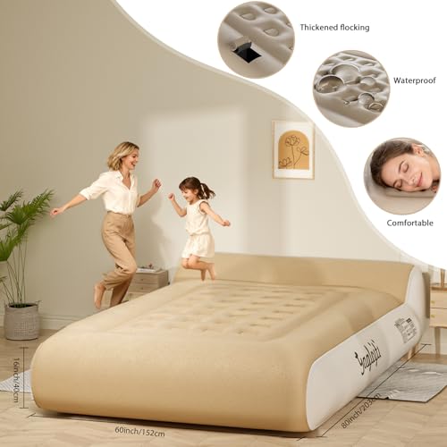Queen Air Mattress with Built-In Pump - Khaki & White, 16-inch, Supportive & Durable