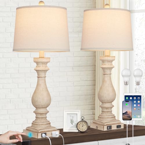 Beige 29-Inch Tall Farmhouse Table Lamp Set of 2 with USB C & A Ports, AC Outlet, Dimmable Touch Control