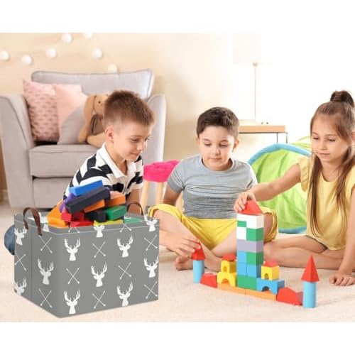 HIYAGON Baby Basket Cute Toy Bin for Boys and Girls Kids Storage Bin Organizer Box Gift Basket Empty Rectangular Deer Room Decor for Home(Grey deers)