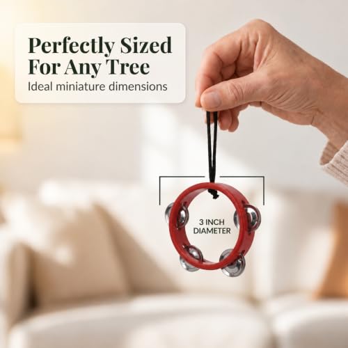 Red Wood and Brass Tambourine Ornament - Christmas Music Decor