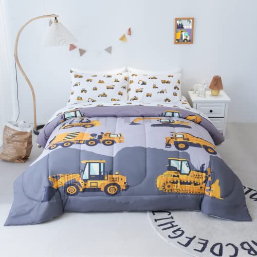 Twin Size Construction Trucks Comforter Set - 4-Piece Bed in a Bag for Boys - Truck Cars Design