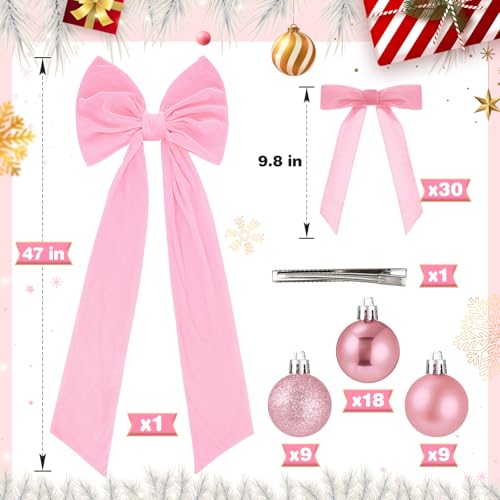 Gejoy Pink Velvet Christmas Tree Decoration Set with 47 x 15.7 Inch Large Topper Bow, 30 Small Velvet Bows & 36 Ornaments